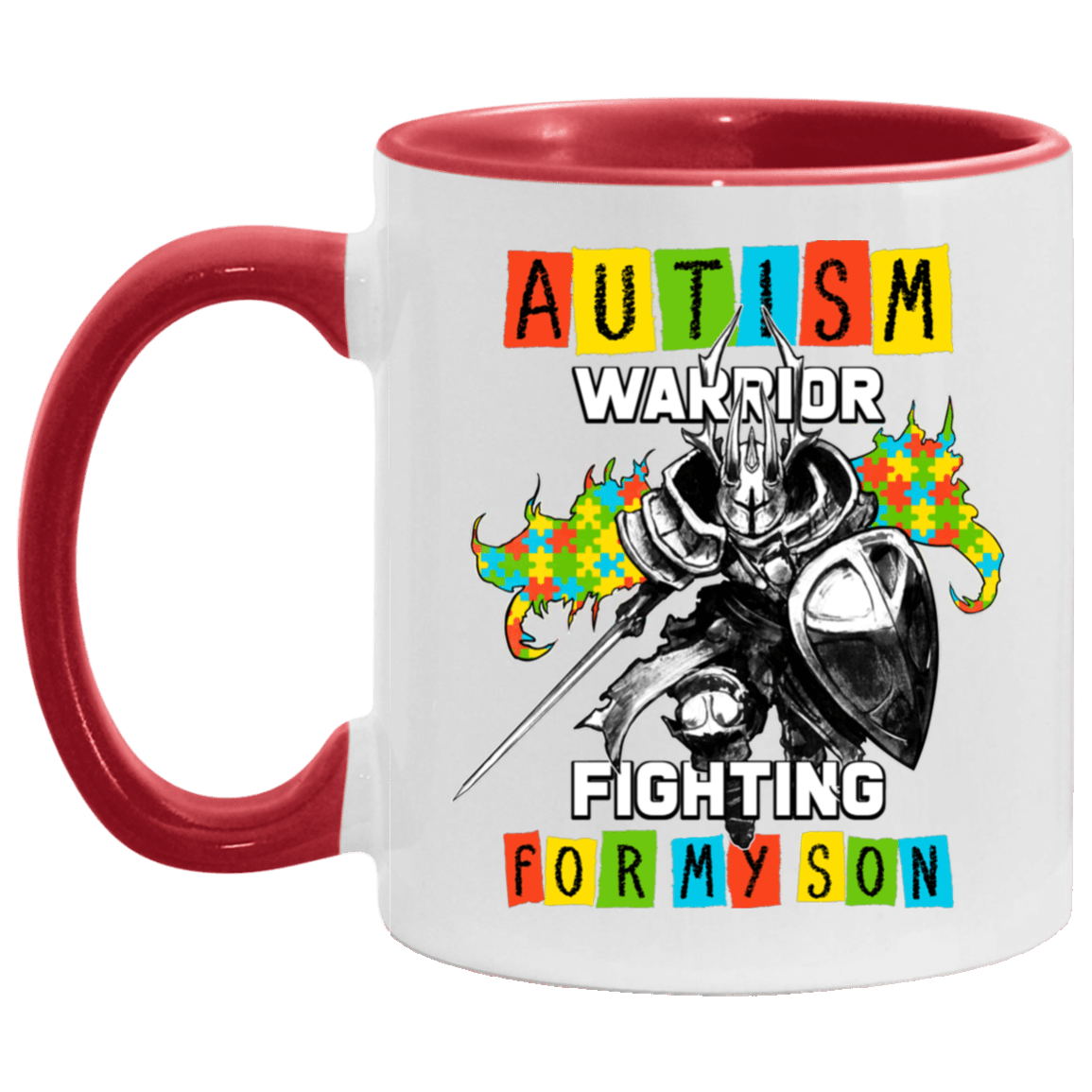 Autism Warrior Fighting for My Son Accent Mug, White/Red, 11 oz. Accent Mug