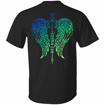 His Angel - Her Guardian Wings Print On Back Only - Plain Front Couple T-Shirt, Black, Unisex T-Shirt