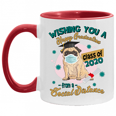 Wishing You A Happy Graduation From A Social Distance Accent Mug - Quarantine Graduation Gifts, White/Red, 11 oz. Accent Mug