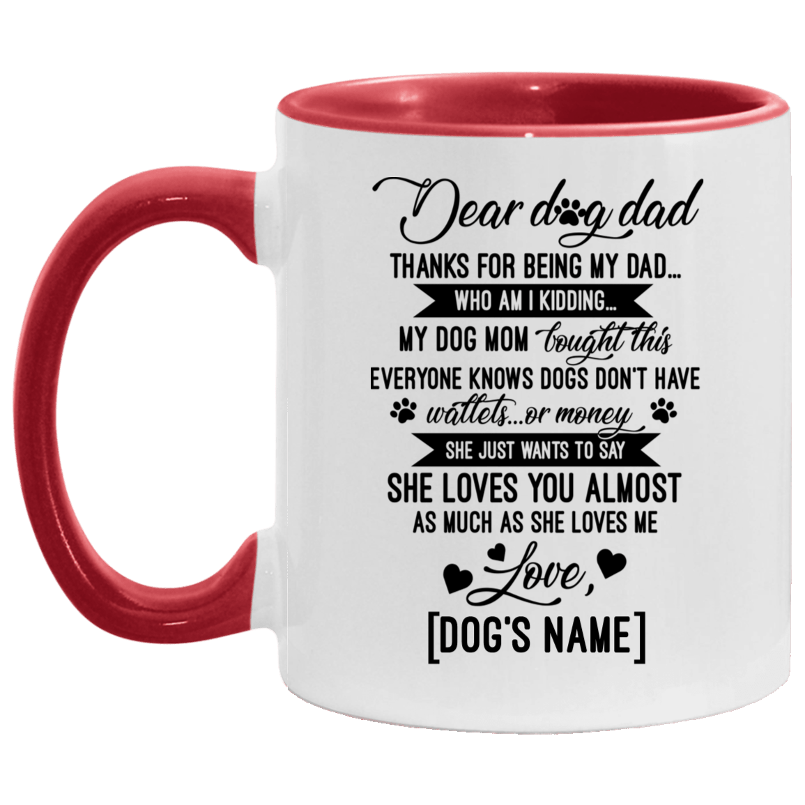 Personalized Dear Dog Dad Thanks For Being My Dad Accent Mug - Ceramic Coffee Mug, White/Red, 11 oz. Accent Mug