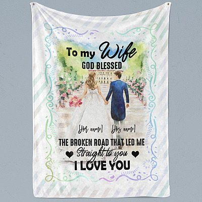 Alternative view of Personalized to My Wife God Blessed the Broken Road That Led Me Straight to You Fleece Blanket-Premium Sherpa Blanket