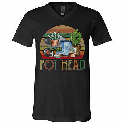 Vintage Pot Head Gardening T-Shirt - Gift for Gardener, Black, V-Neck T-Shirt