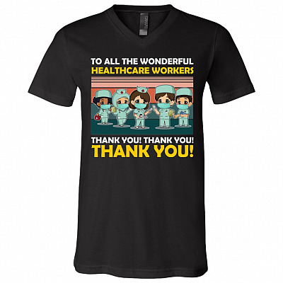 To All The Wonderful Healthcare Workers Thank You T-Shirt - Cute Chibi Nurse V-Neck Tee, Black, V-Neck T-Shirt