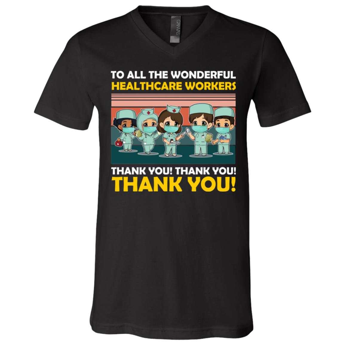 To All The Wonderful Healthcare Workers Thank You T-Shirt - Cute Chibi Nurse V-Neck Tee, Black, V-Neck T-Shirt