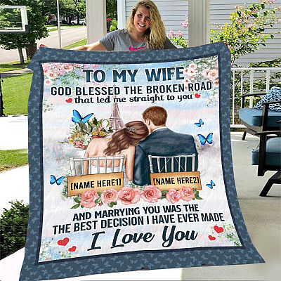 Alternative view of Personalized To My Wife God Blessed The Broken Road Fleece Blanket - Sherpa Blanket - Woven Blanket