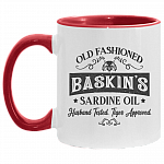 Old Fashioned Baskin's Sardine Oil Husband Tested Tiger Approved Accent Mug, White/Red, 11 oz. Accent Mug