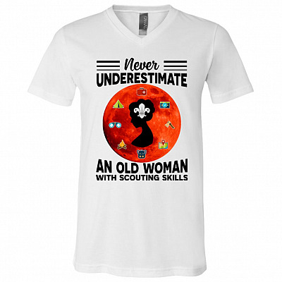 Never Underestimate An Old Woman With Scouting Skills T-Shirt - V-Neck Tee - Girl Scout Gifts, White, V-Neck T-Shirt