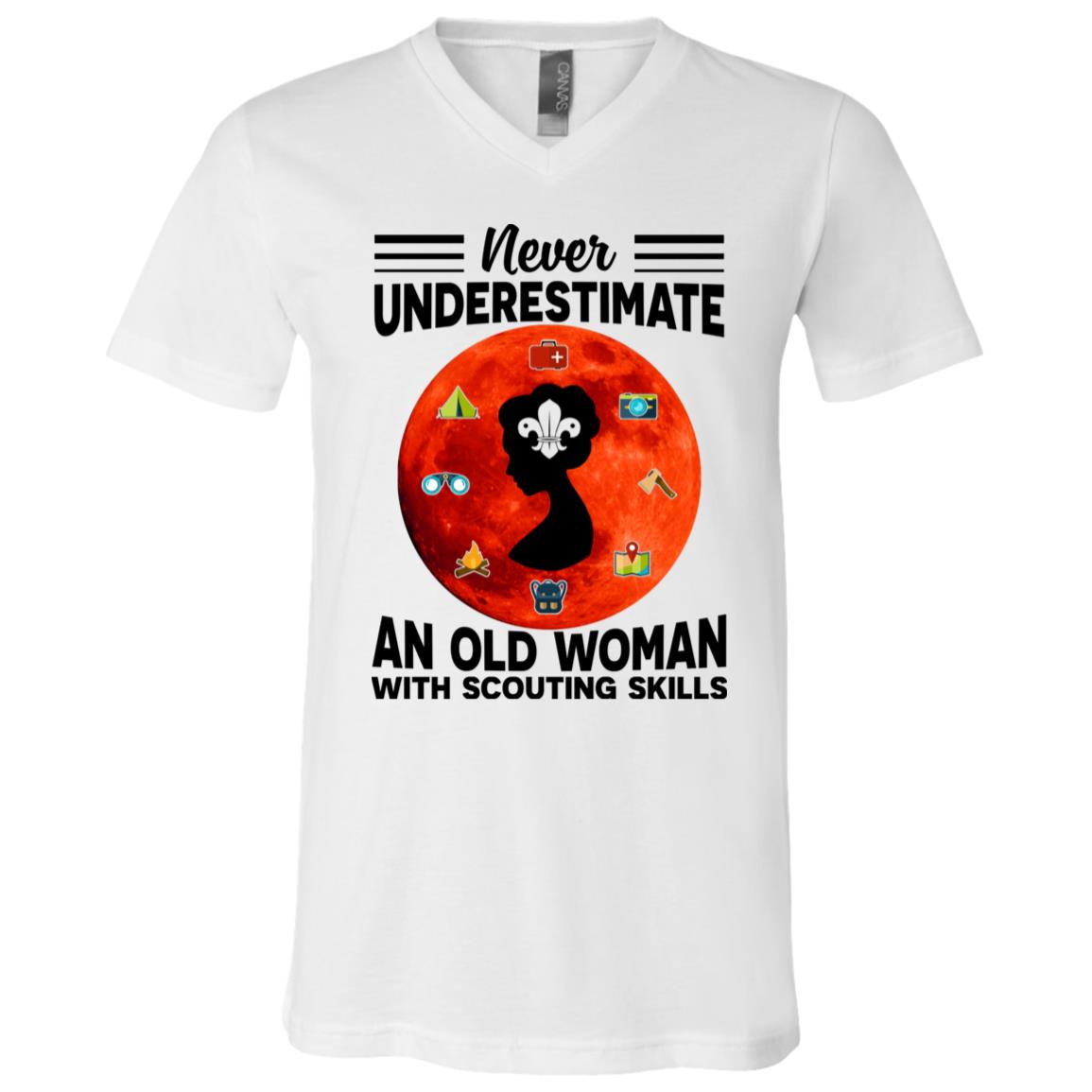 Never Underestimate An Old Woman With Scouting Skills T-Shirt - V-Neck Tee - Girl Scout Gifts, White, V-Neck T-Shirt