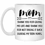 Mom Thank You For Giving Me Life Ceramic Coffee Mug - Beer Stein - Water Bottle - Color Changing Mug, White, 11 oz. White Mug