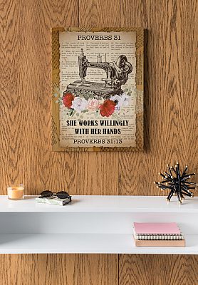 Alternative view of Proverbs 31:13 She Works Willingly With Her Hands Quilter Framed Canvas - Unframed Poster - Sewing Decor