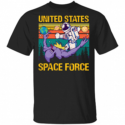 United States Space Force Funny Astronaut Fighting With Alien Vintage Retro T-Shirt, Black, Unisex T-Shirt
