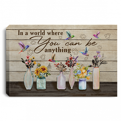 In A World Where You Can Be Anything Be Kind Floral Hummingbird Canvas Poster - Choose Kindness Wall Art, White, 0.75'' Framed Canvas