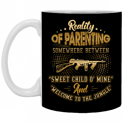 Reality of Parenting Somewhere Between Sweet Child Ceramic Coffee Mug - Water Bottle - Color Changing Mug, Black, 11 oz. White Mug