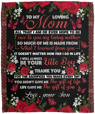 Son to My Loving Mom All That I Am or Ever Hope to Be - Butterfly Fleece Blanket - Premium Sherpa Blanket, Black, Cozy Plush Fleece Blanket - 50x60