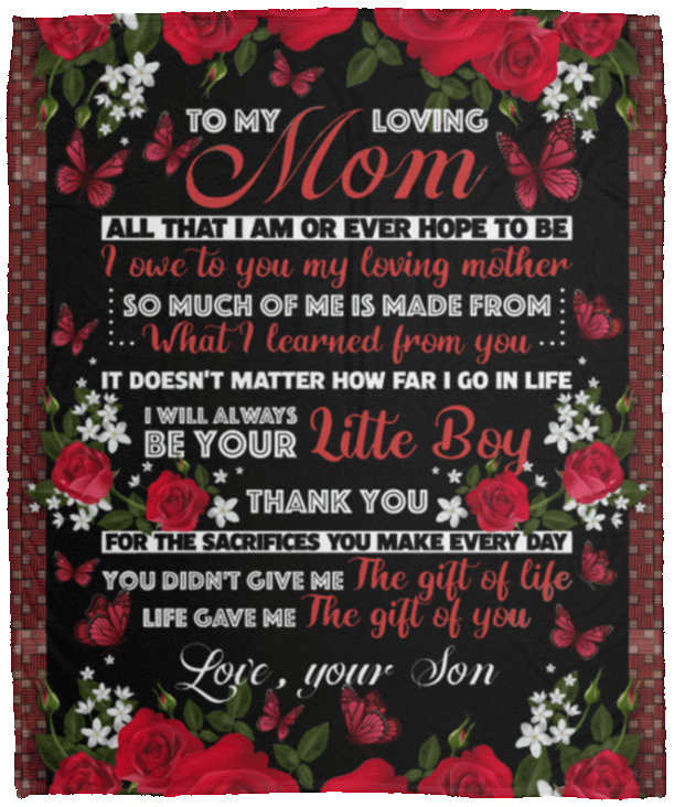 Son to My Loving Mom All That I Am or Ever Hope to Be - Butterfly Fleece Blanket - Premium Sherpa Blanket, Black, Cozy Plush Fleece Blanket - 50x60