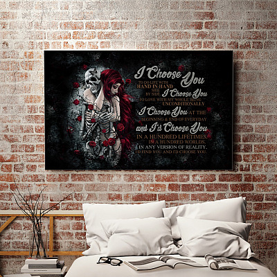 Alternative view of I Choose You To Do Life With Hand In Hand Side By Side Skull Couple Framed Canvas Prints - Unframed Poster