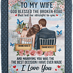 Personalized To My Wife God Blessed The Broken Road Fleece Blanket - Premium Sherpa Blanket - Woven Blanket, White, Cozy Plush Fleece Blanket - 50x60