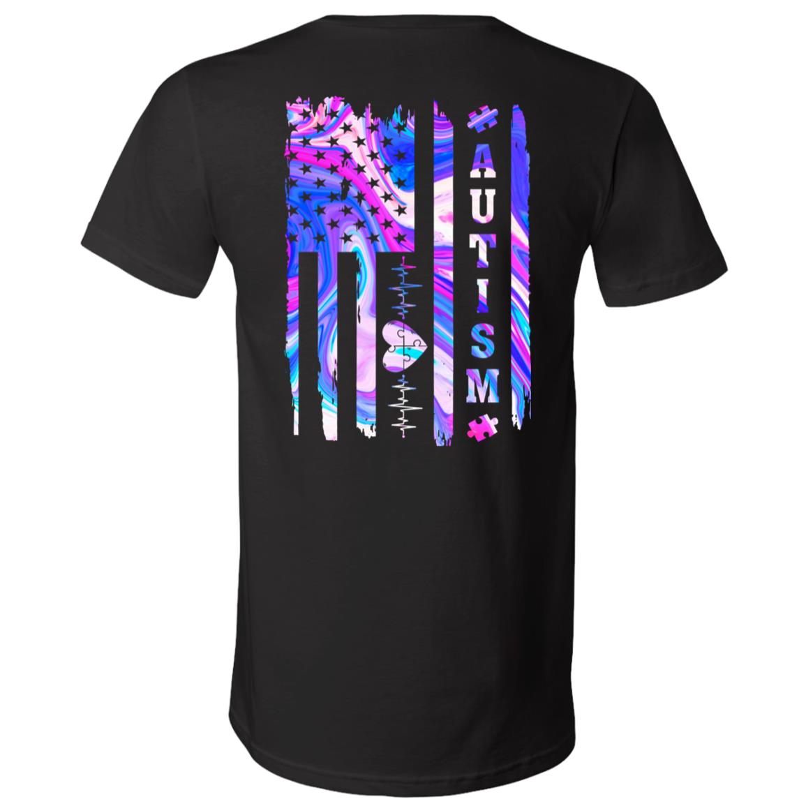 Autism Heartbeat American Flag Print On Back T-Shirt - Autism Awareness V-Neck Shirt, Black, V-Neck T-Shirt