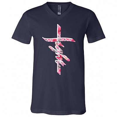 Fight Cross T-Shirt - Breast Cancer Shirt, Navy, V-Neck T-Shirt