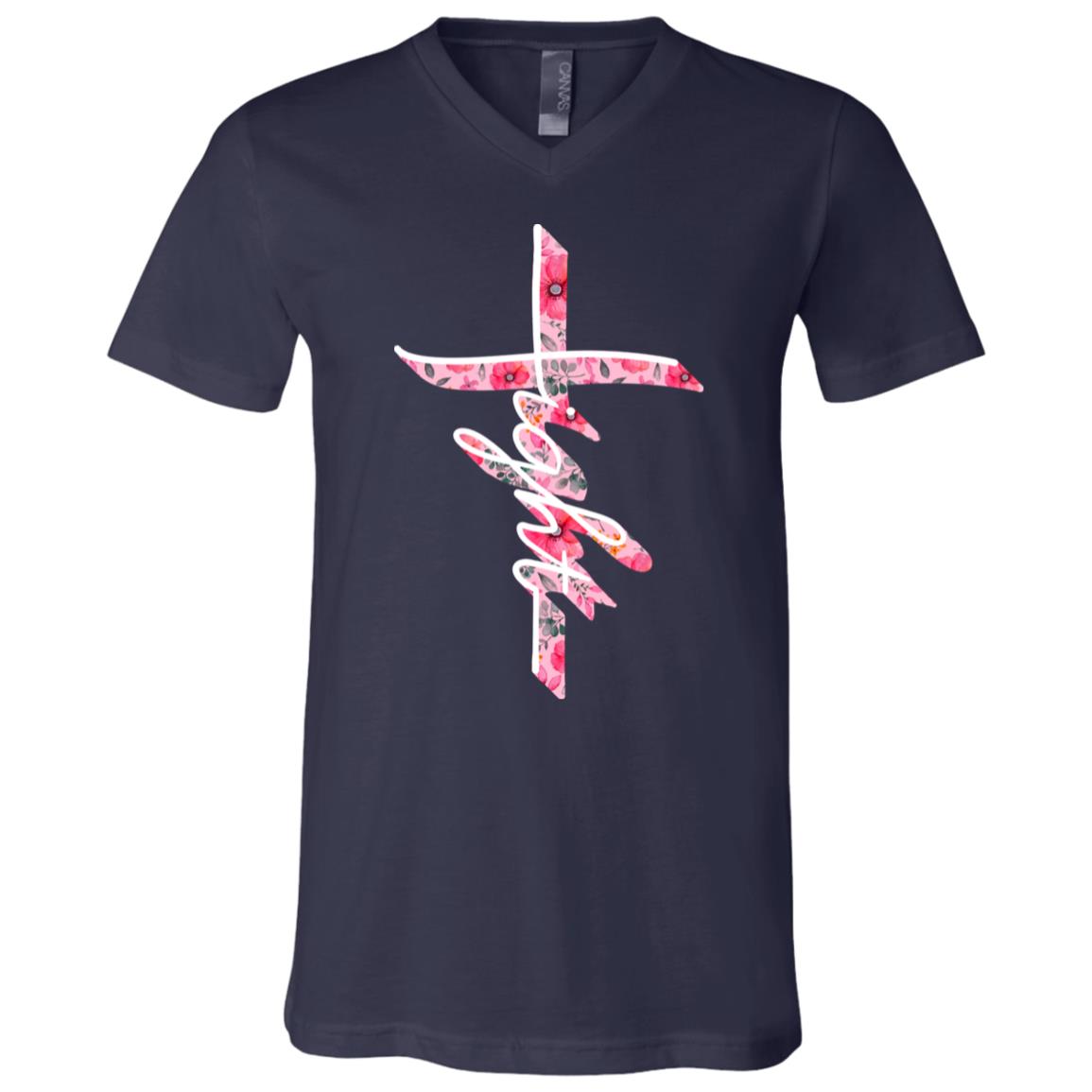 Fight Cross T-Shirt - Breast Cancer Shirt, Navy, V-Neck T-Shirt