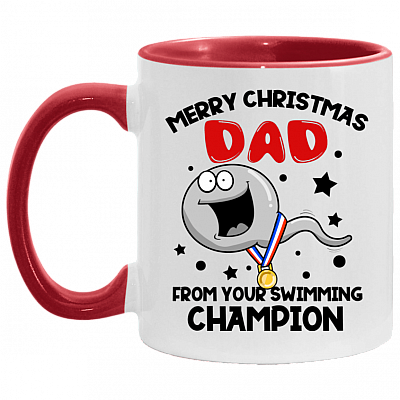 Merry Christmas Dad From Your Swimming Champion Ceramic Accent Mug - Coffee Mug, White/Red, 11 oz. Accent Mug