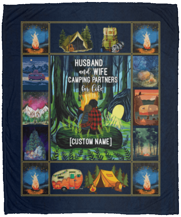 Personalized Husband And Wife Camping Partners For Life Fleece Blanket - Premium Sherpa Blanket - Woven Blanket, White, Cozy Plush Fleece Blanket - 50x60