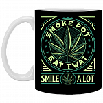 Smoke Pot Eat Twat Smile A Lot Cannabis Ceramic Coffee Mug - Beer Stein - Water Bottle - Color Changing Mug, Black, 11 oz. White Mug