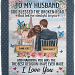 Personalized To My Husband God Blessed The Broken Road Arctic Fleece Blanket - Premium Sherpa Blanket, White, Cozy Plush Fleece Blanket - 50x60