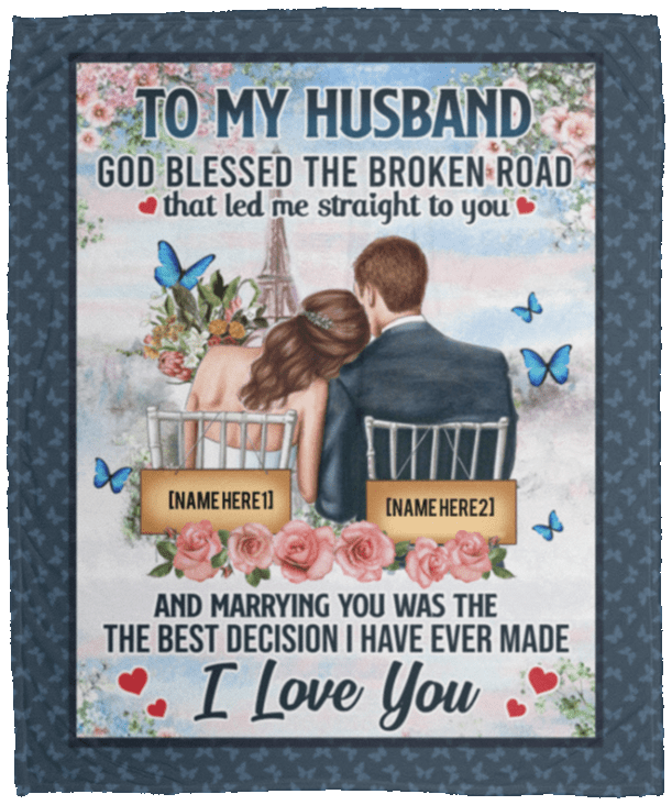 Personalized To My Husband God Blessed The Broken Road Arctic Fleece Blanket - Premium Sherpa Blanket, White, Cozy Plush Fleece Blanket - 50x60