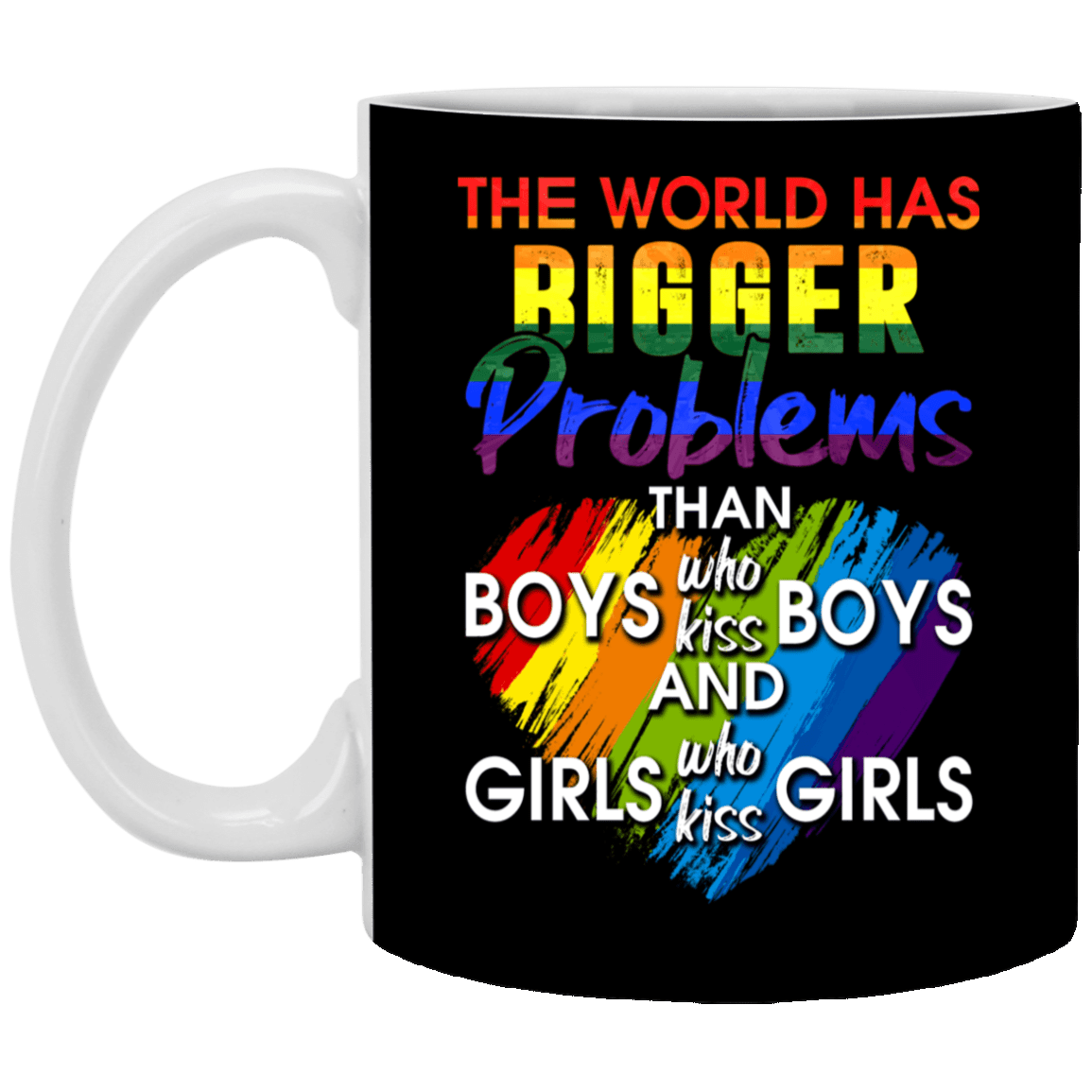 The World Has Bigger Problems Than Boys Who Kiss Boys Ceramic Coffee Mug - Water Bottle, Black, 11 oz. White Mug The World Has Bigger Problems Than Boys Who Kiss Boys Ceramic Coffee Mug - Water Bottle, Black, 11 oz. White Mug