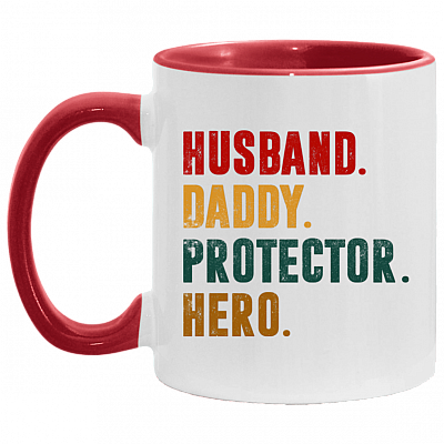 Husband Daddy Protector Hero Accent Mug - Fathers Day Gifts For Dad, White/Red, 11 oz. Accent Mug