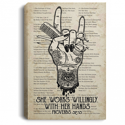 She Works Willingly With Her Hands Proverbs 32:13 Canvas Poster - Hairdresser Life Hairstylist Meme Wall Art, White, 0.75'' Framed Canvas