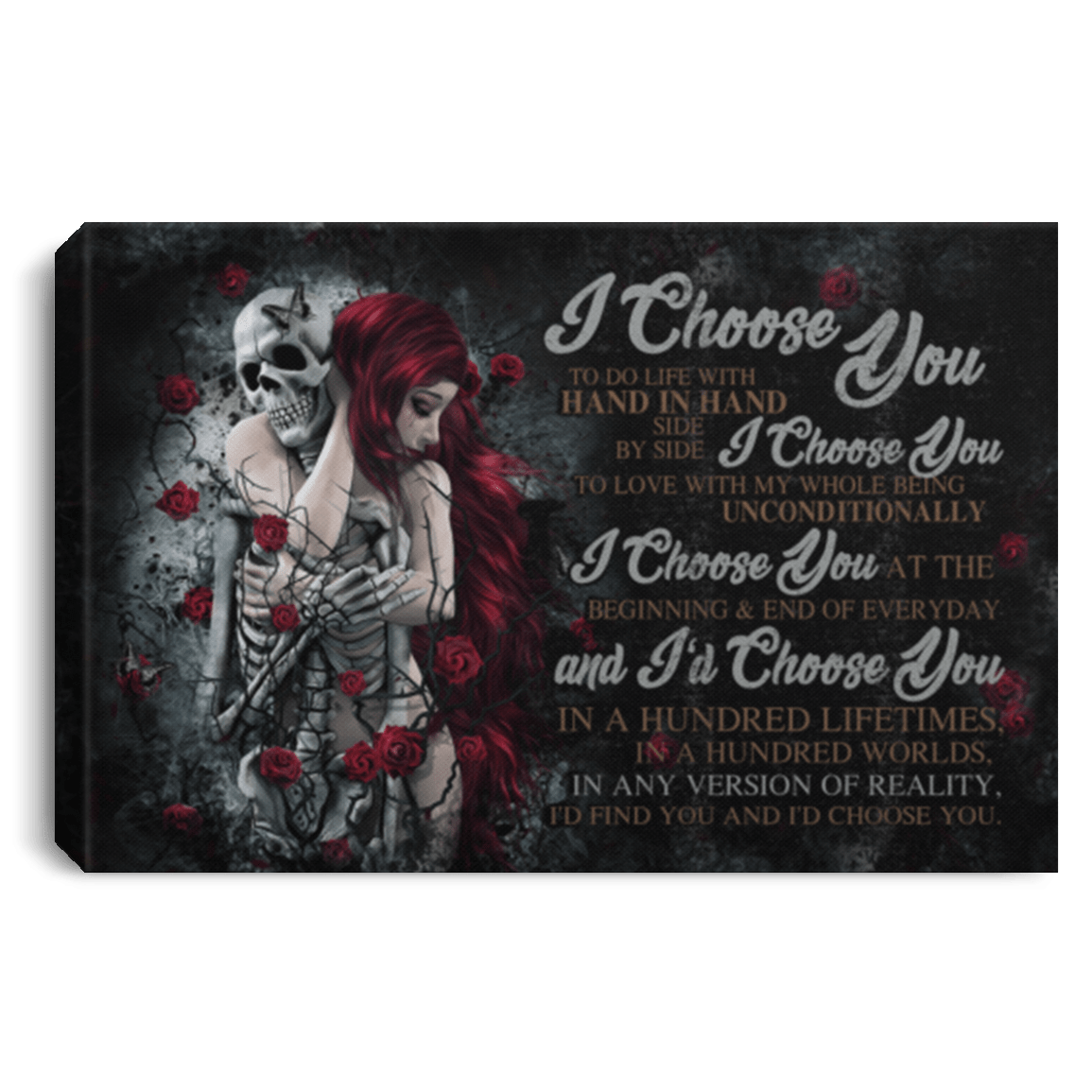 I Choose You To Do Life With Hand In Hand Side By Side Skull Couple Framed Canvas Prints - Unframed Poster, White, 0.75'' Framed Canvas
