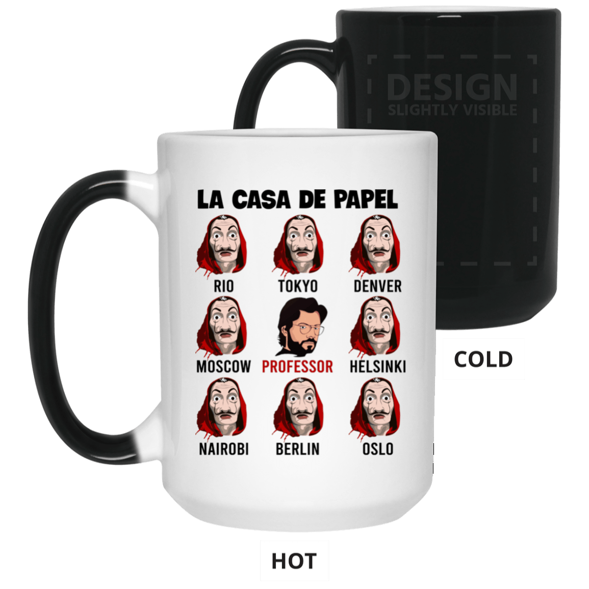 Spanish Movie Characters Pattern Ceramic Coffee Mug - Beer Stein - Water Bottle - Color Changing Mug, White, 15 oz. Color Changing Mug