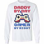 Daddy By Day Gamer By Night Funny Father 8-Bit Vintage Bright Hoodie - Sweatshirt - Long Sleeve Shirt, White, Long Sleeve