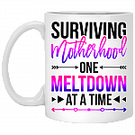 Surviving Motherhood One Meltdown At A Time Ceramic Coffee Mug - Water Bottle, White, 11 oz. White Mug
