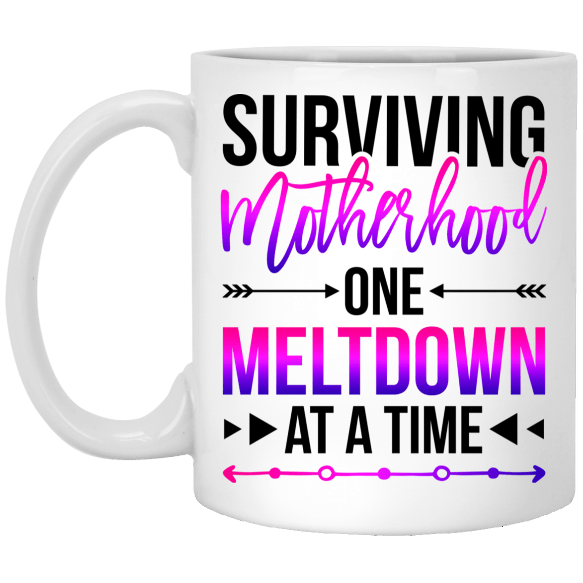 Surviving Motherhood One Meltdown At A Time Ceramic Coffee Mug - Water Bottle, White, 11 oz. White Mug