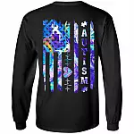 Autism Awareness Heartbeat American Flag Print On Back Hoodie - Sweatshirt - Long Sleeve, Black, Long Sleeve