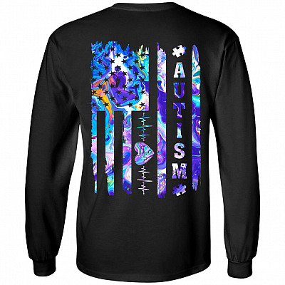 Autism Awareness Heartbeat American Flag Print On Back Hoodie - Sweatshirt - Long Sleeve, Black, Long Sleeve