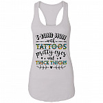 F-Bomb Mom With Tattoos Pretty Eyes and Thick Thighs Cotton Tank Top Tee - Hippie Tattoo Ladies Racerback Tank, White, Ladies Racerback Tank