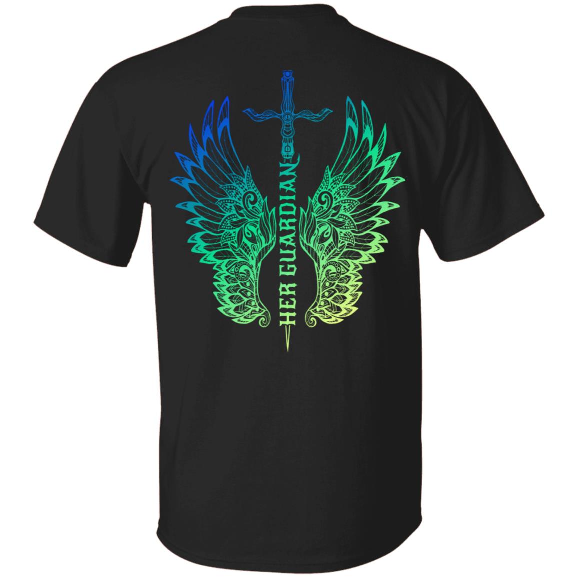 Her Guardian - His Angel Wings Print On Back Only - Plain Front Couple T-Shirt, Black, Unisex T-Shirt