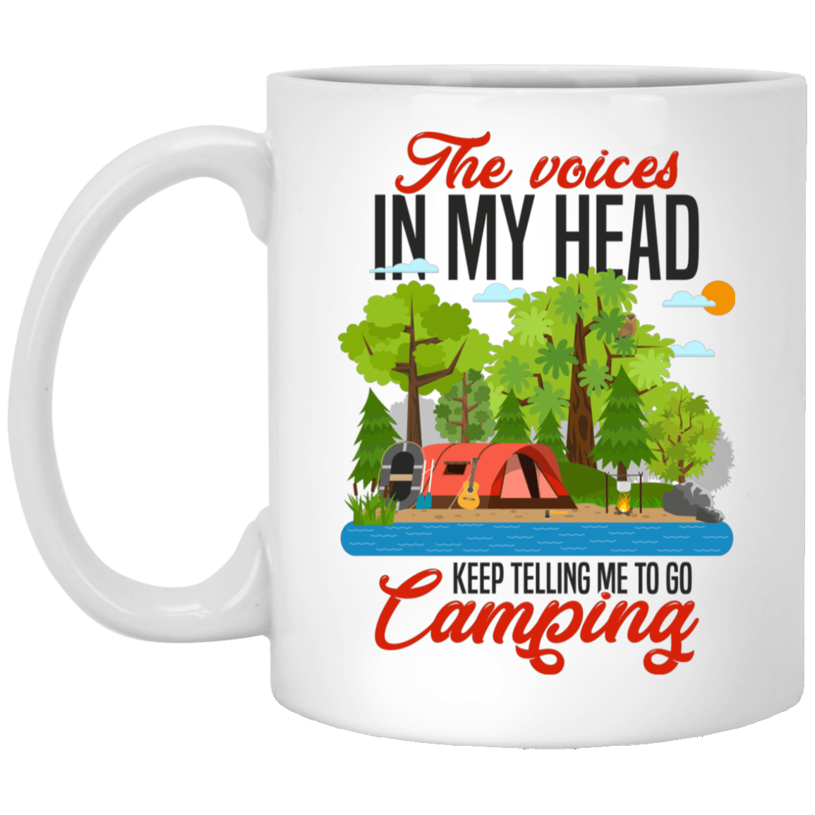 The Voices In My Head Keep Telling Me To Go Camping Ceramic Coffee Mug - Beer Stein - Water Bottle - Color Changing Mug, White, 11 oz. White Mug