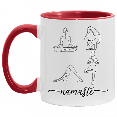 Yoga Poses Single Line Drawing Namaste Accent Mug, White/Red, 11 oz. Accent Mug