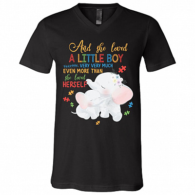 And She Loved A Little Boy Very Very Much Even More Than She Looked Herself T-Shirt - Autism Mom V-Neck Shirt, Black, V-Neck T-Shirt