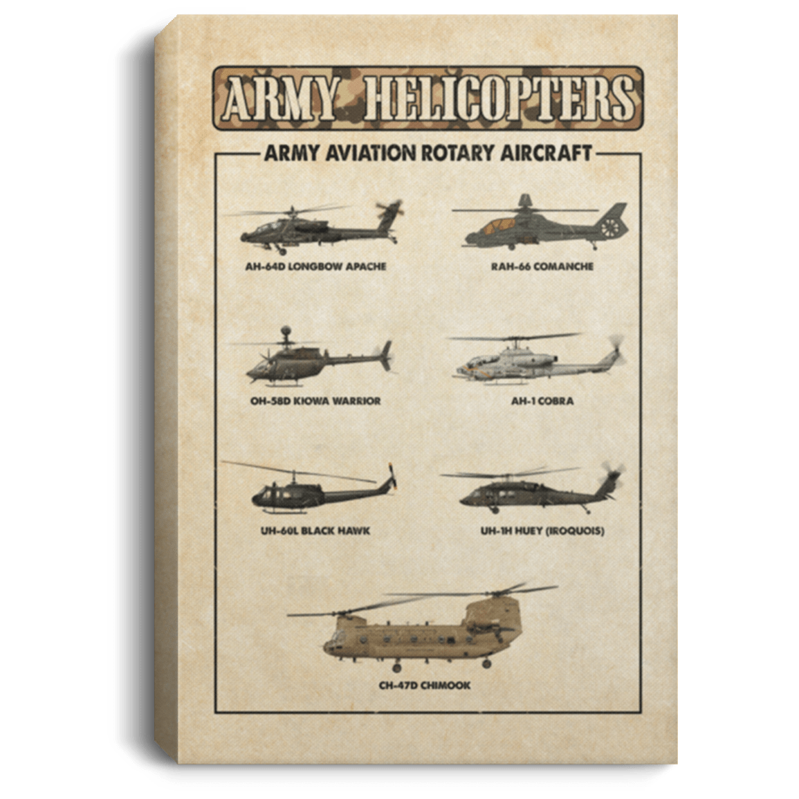 Army Aviation Helicopters Gallery Wrapped Framed Canvas Prints - Unframed Poster - Home Decor Wall Art, White, 0.75'' Framed Canvas