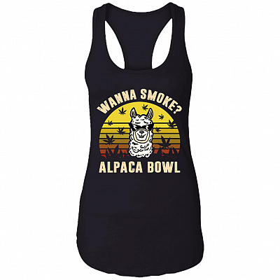 Wanna Smoke Alpaca Bowl Vintage Ladies Racerback Tank - Funny 420 Marijuana Cool Llama Weed Saying Tank Top, Black, Ladies Racerback Tank