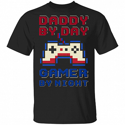 Daddy by Day Gamer by Night Funny Father 8-Bit Vintage T-Shirt, Black, Unisex T-Shirt