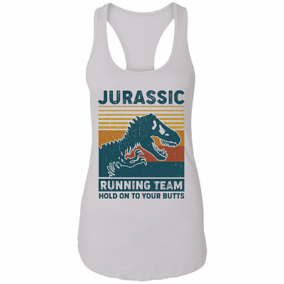 Jurassic Running Team Cotton Tank Top Tee - Ladies Racerback Tank - Funny Running Shirt, White, Ladies Racerback Tank