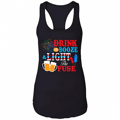 Drink The Booze Light The Fuse Tank Top - Funny Drinking Beer Tank Top Fireworks 4th of July Tank Top, Black, Ladies Racerback Tank