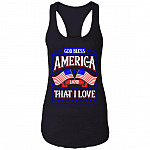 God Bless America Land That I Love Cotton Tank Top Tee - Patriotic July 4th Ladies Racerback Tank, Black, Ladies Racerback Tank